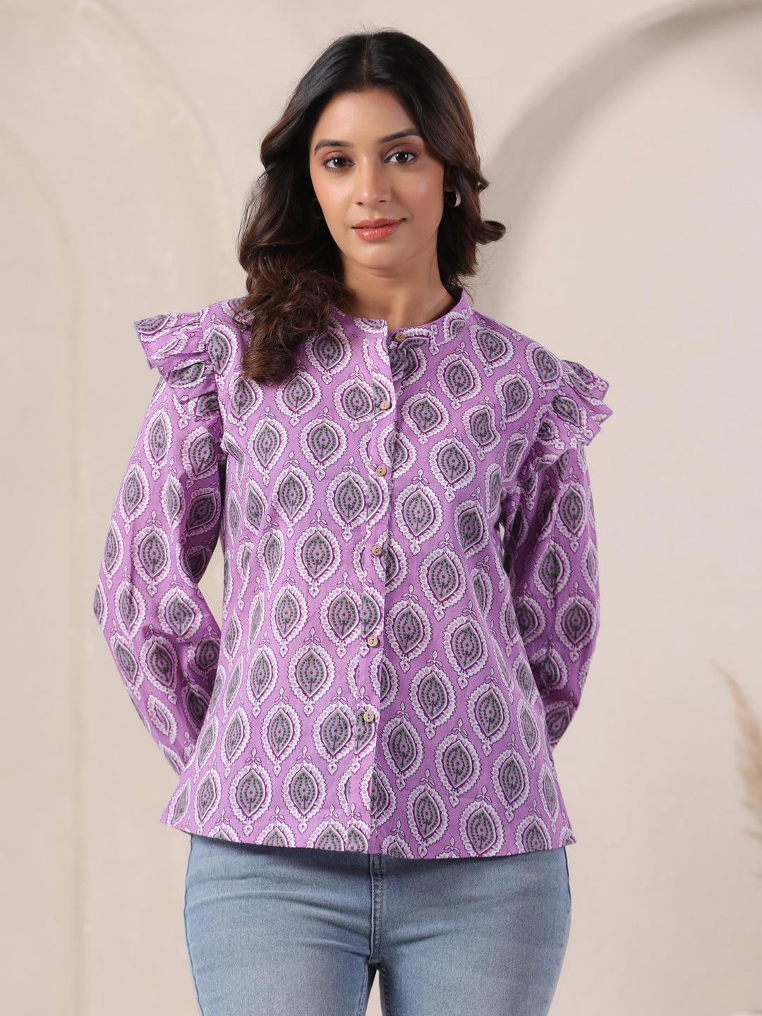 Lavender Buti Print Cotton Top for Women | Mandarin Collar Casual Ethnic Shirt | Vyomtara