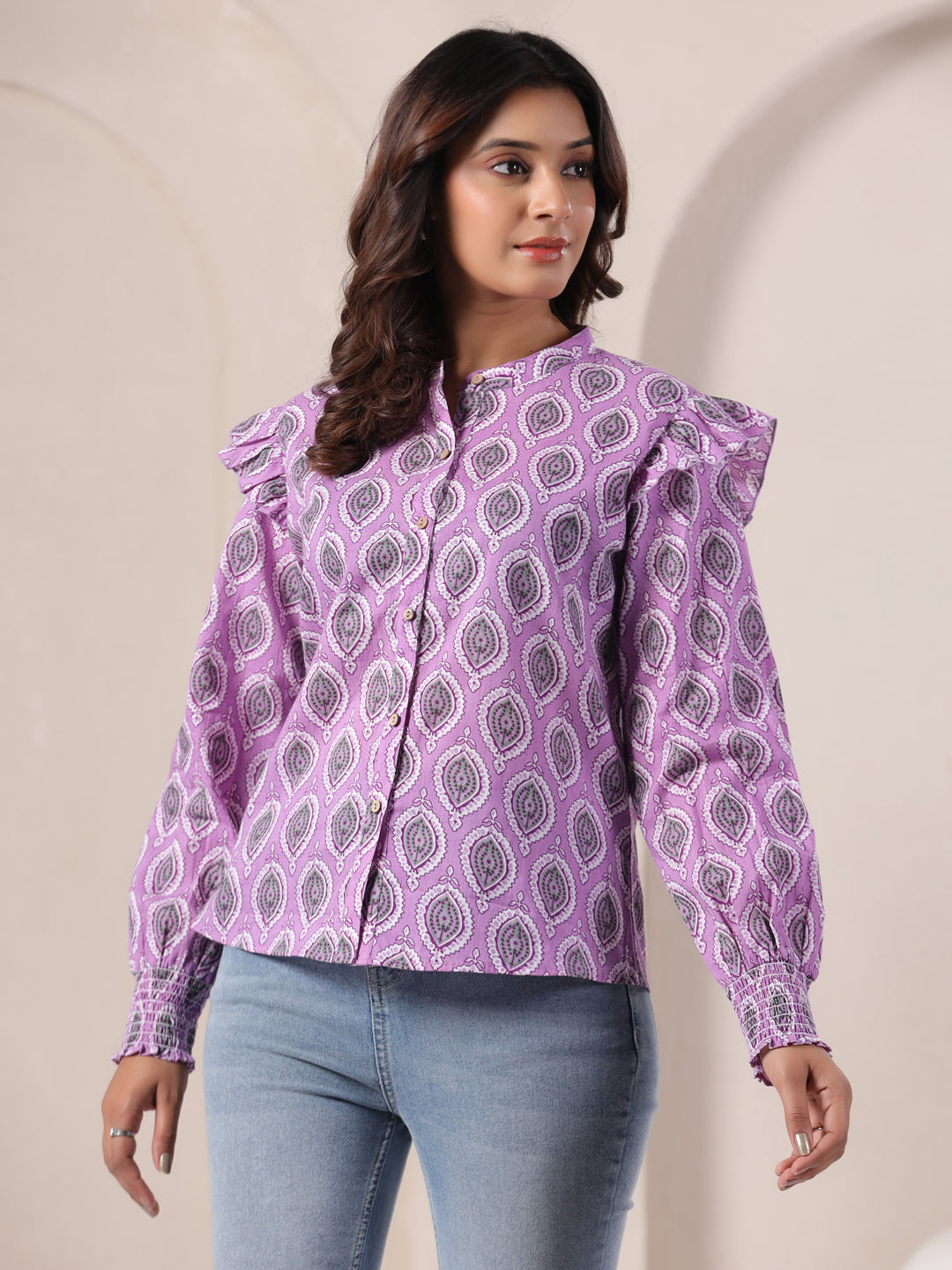 Lavender Buti Print Cotton Top for Women | Mandarin Collar Casual Ethnic Shirt | Vyomtara