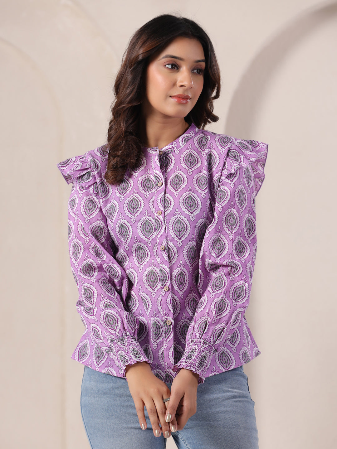 Lavender Buti Print Cotton Top for Women | Mandarin Collar Casual Ethnic Shirt | Vyomtara