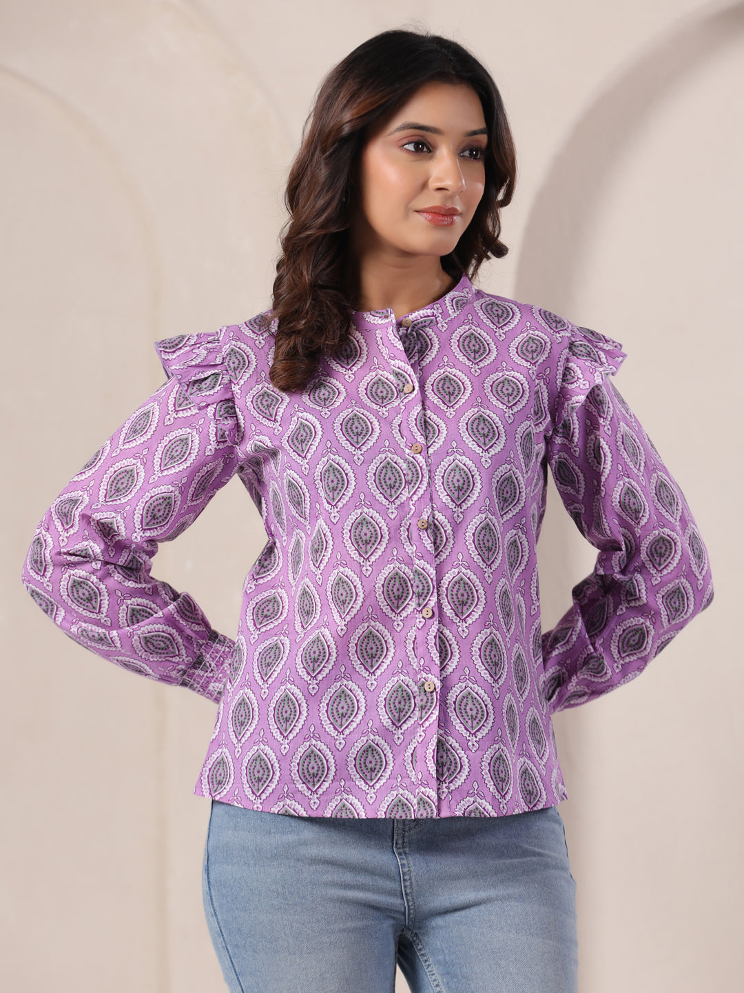 Lavender Buti Print Cotton Top for Women | Mandarin Collar Casual Ethnic Shirt | Vyomtara