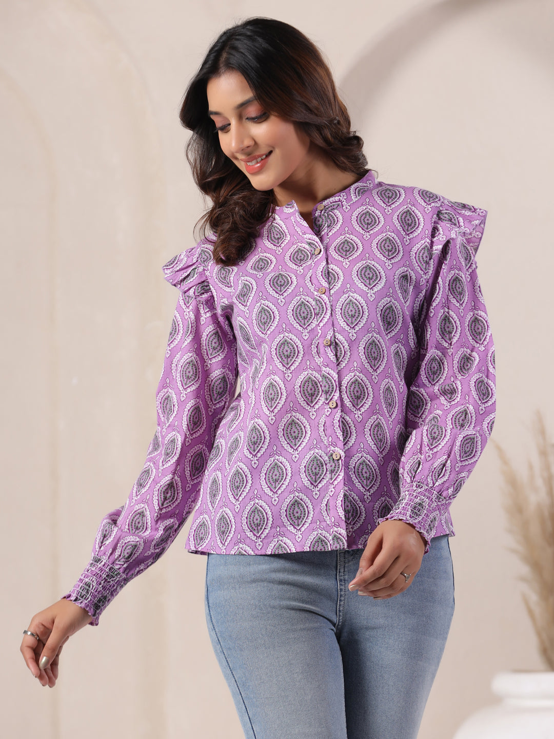 Lavender Buti Print Cotton Top for Women | Mandarin Collar Casual Ethnic Shirt | Vyomtara