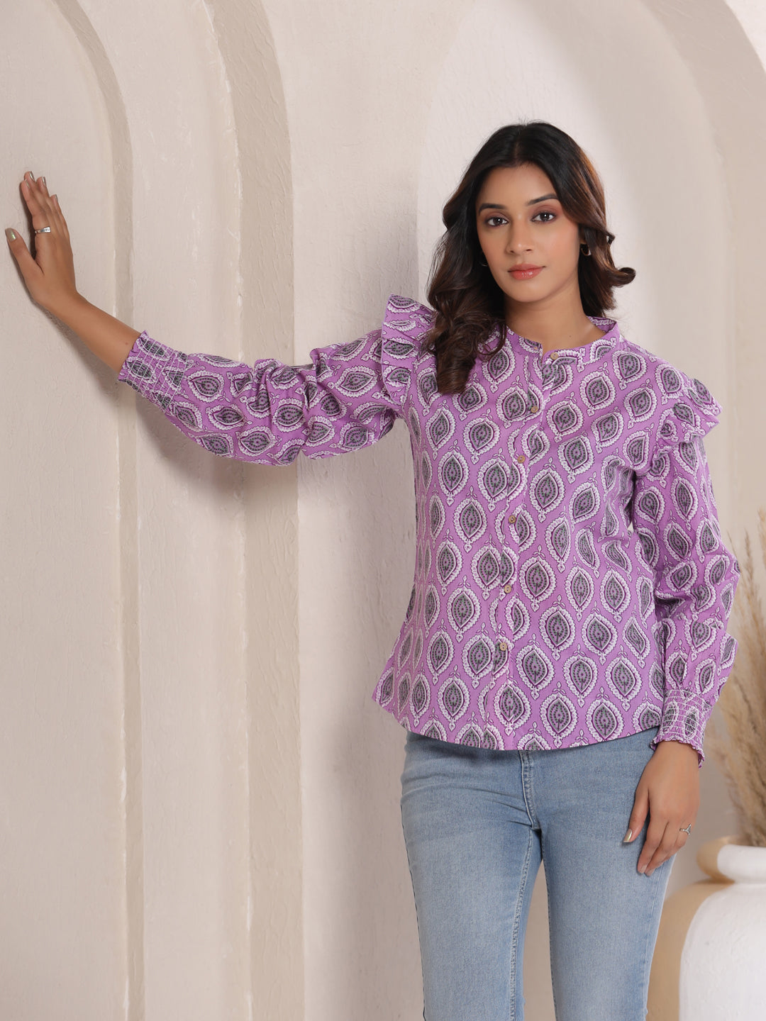 Lavender Buti Print Cotton Top for Women | Mandarin Collar Casual Ethnic Shirt | Vyomtara