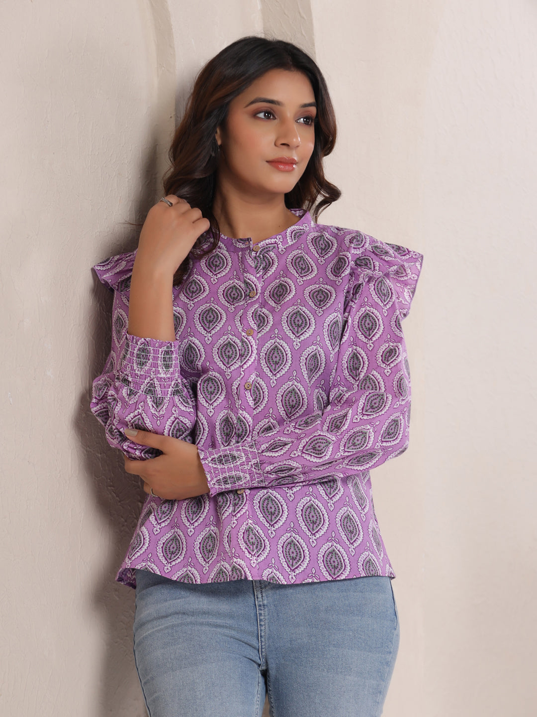 Lavender Buti Print Cotton Top for Women | Mandarin Collar Casual Ethnic Shirt | Vyomtara