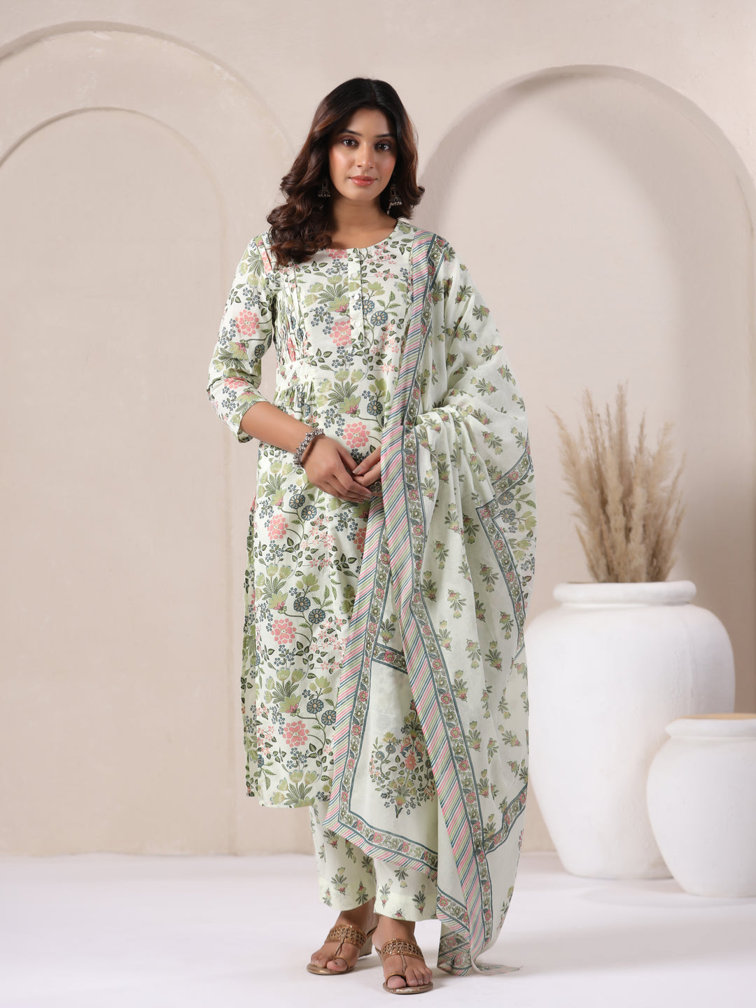 Floral print cotton kurta set for women, elegant daily wear with matching dupatta and palazzo pants