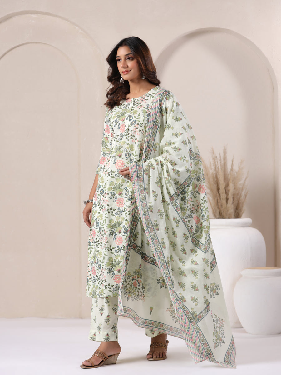 Lime Floral Printed and Hand embroidered Kurta Set with Dupatta