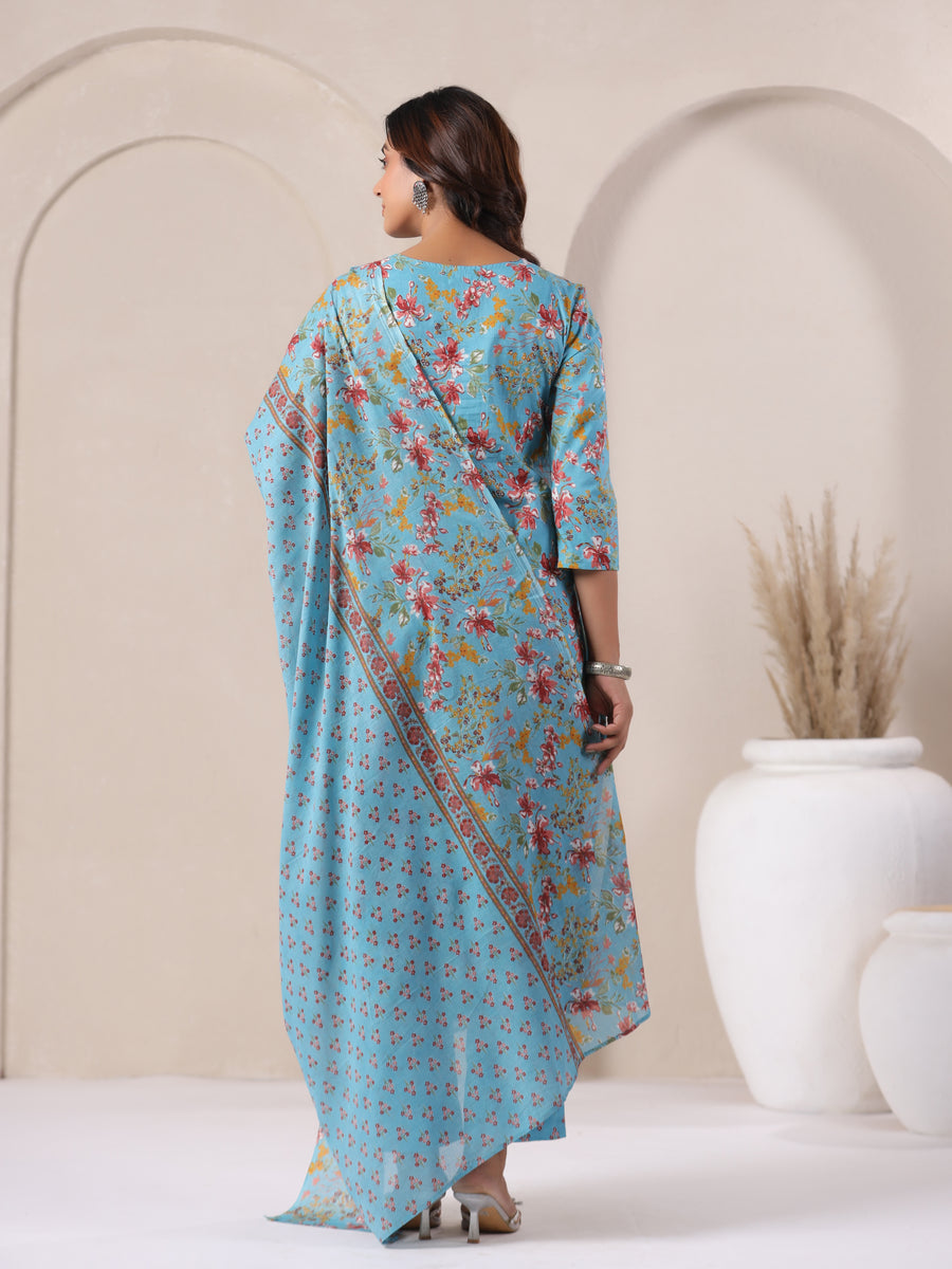 Aqua Blue Floral Printed and Hand embroidered Kurta Set with Dupatta