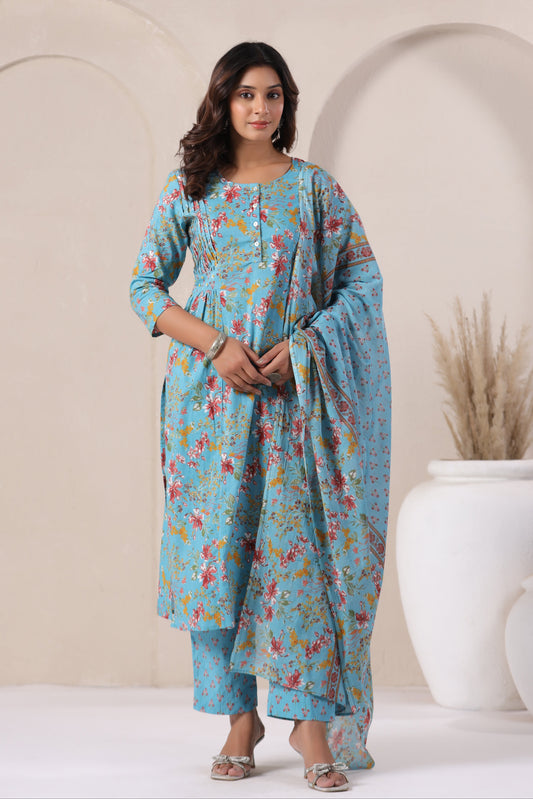 Floral Cotton Suit in Deep Sky Blue Front
