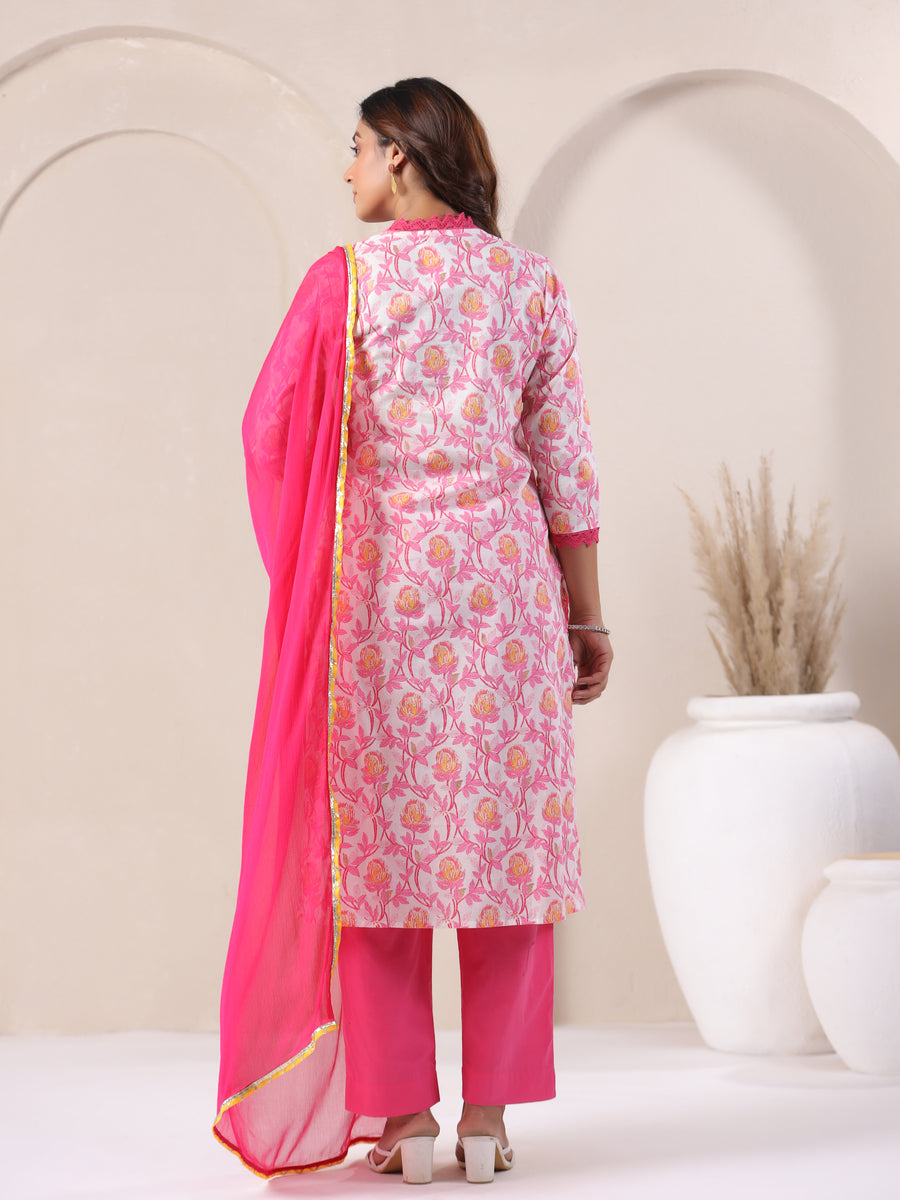 Pink Floral Printed Suit Set With Dupatta