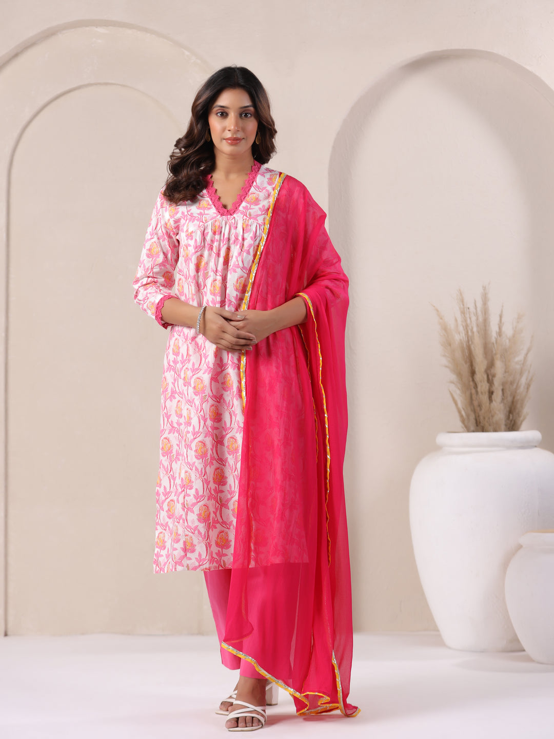 Pink floral cotton kurta set with matching dupatta for women
