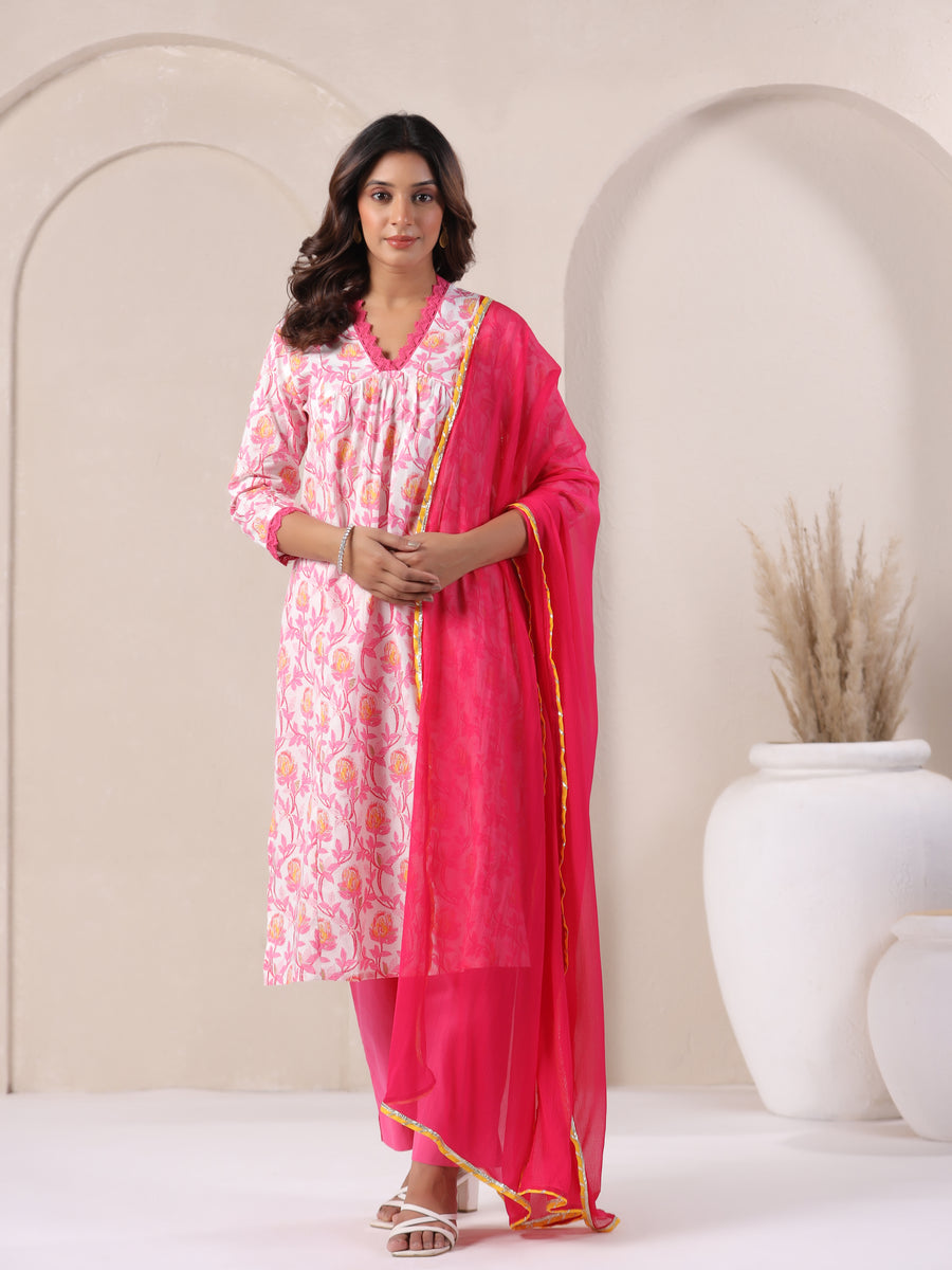 Pink floral cotton kurta set with matching dupatta for women