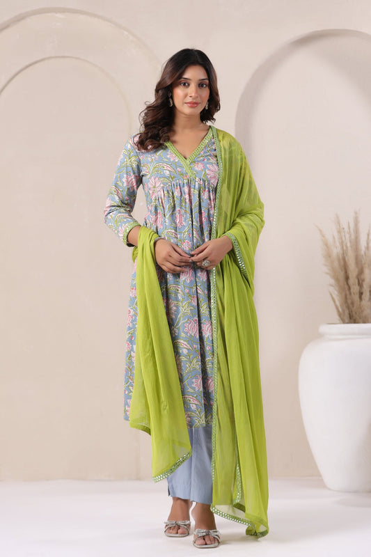 POWDER BLUE FLORAL PRINTED KURTA SET