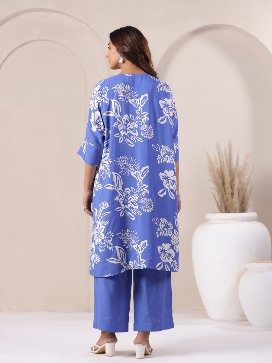 Blue Floral Printed Oversized Co-ord Set