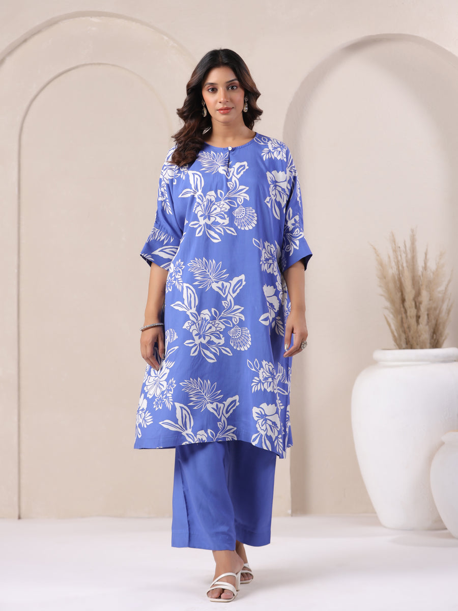 Blue Floral Printed Oversized Co-ord Set