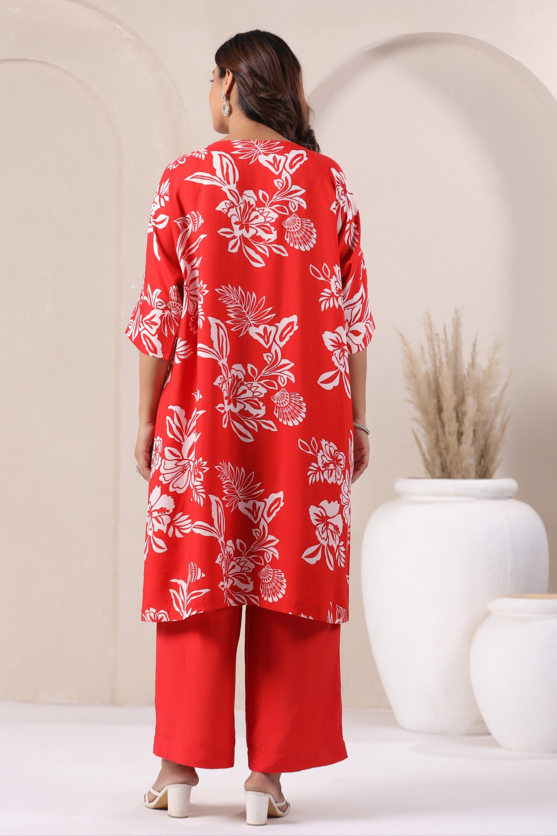 Red  Floral Print Viscose Kurta Set back