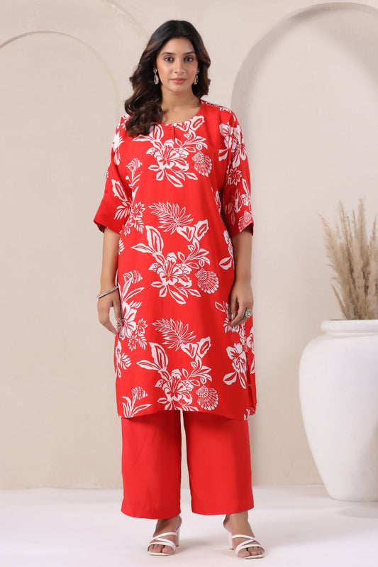 Red  Floral Print Viscose Kurta Set front