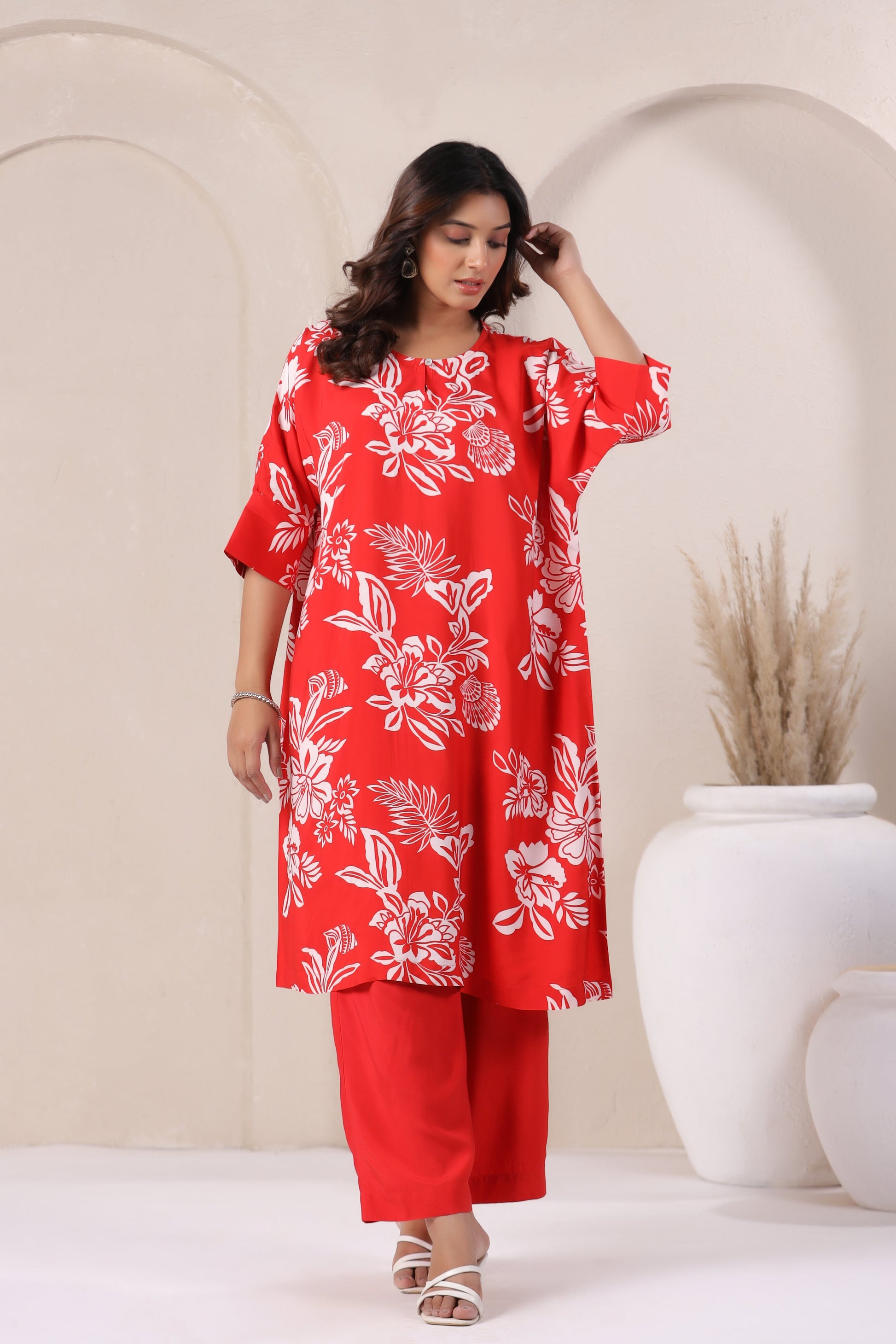 Red  Floral Print Viscose Kurta Set side