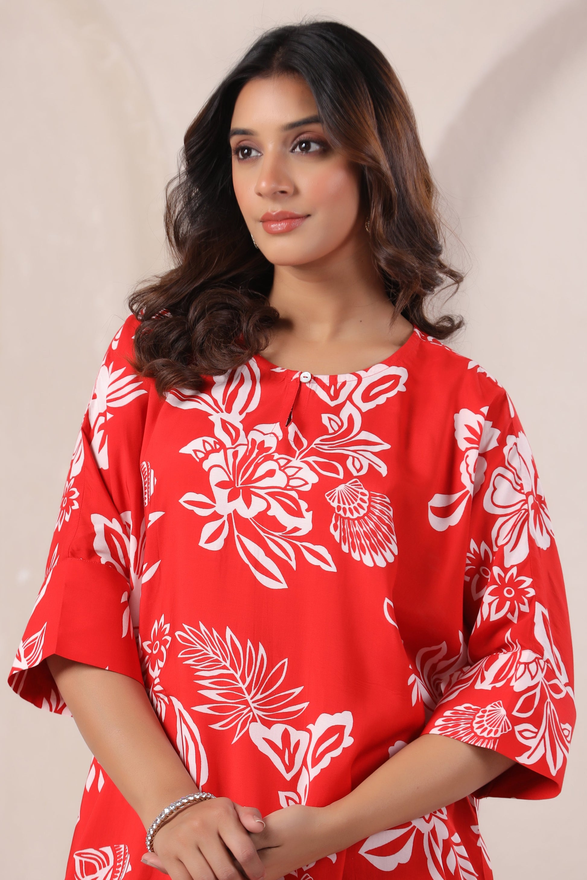 Red  Floral Print Viscose Kurta Set front2