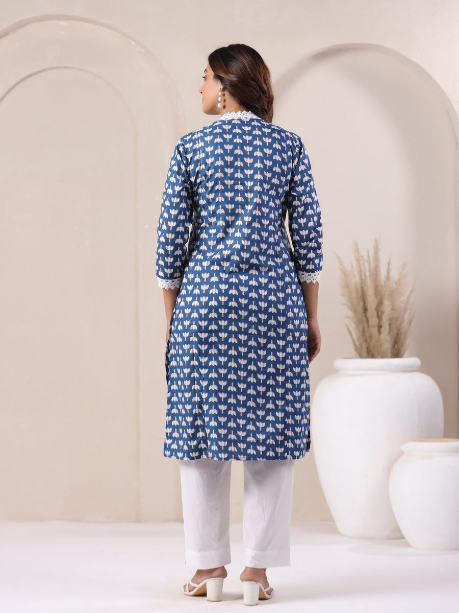 Serene Blue Floral Cotton Kurta Set