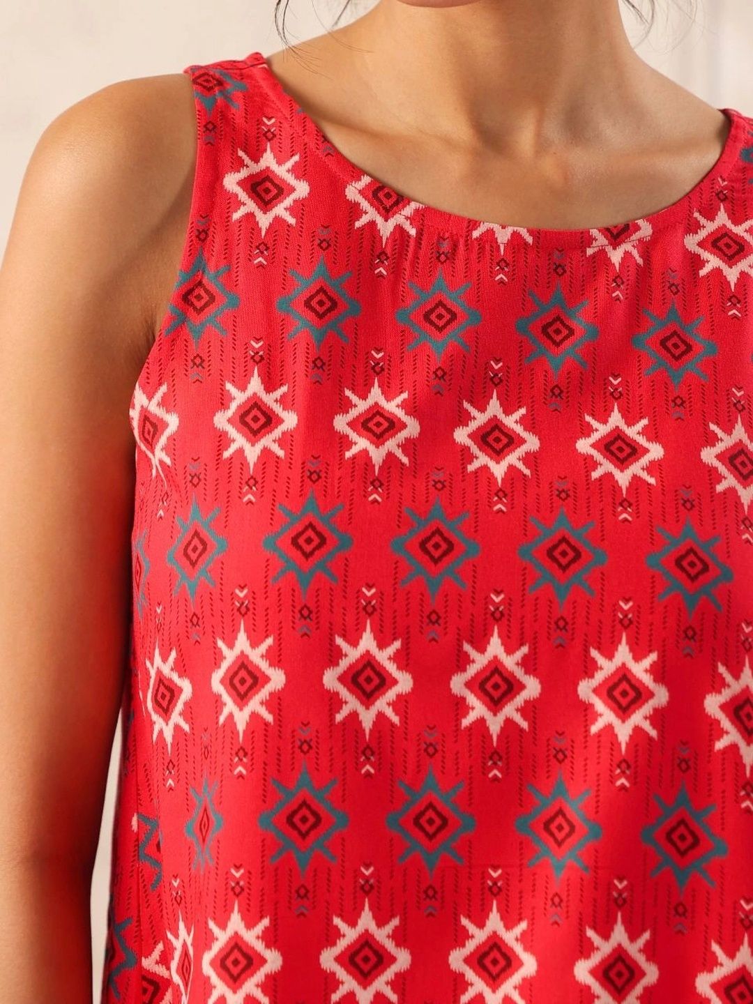 Red Ikat Print Sleeveless Top with Overlap Back