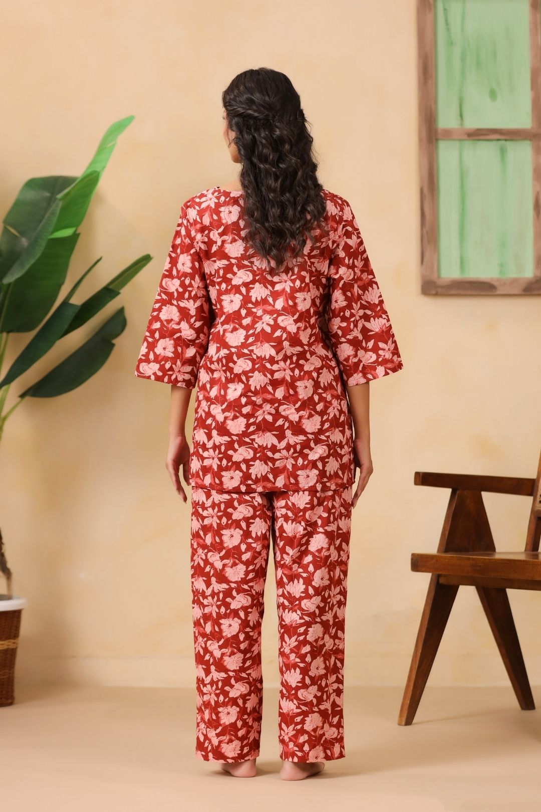Red Floral Motifs Night Wear Set