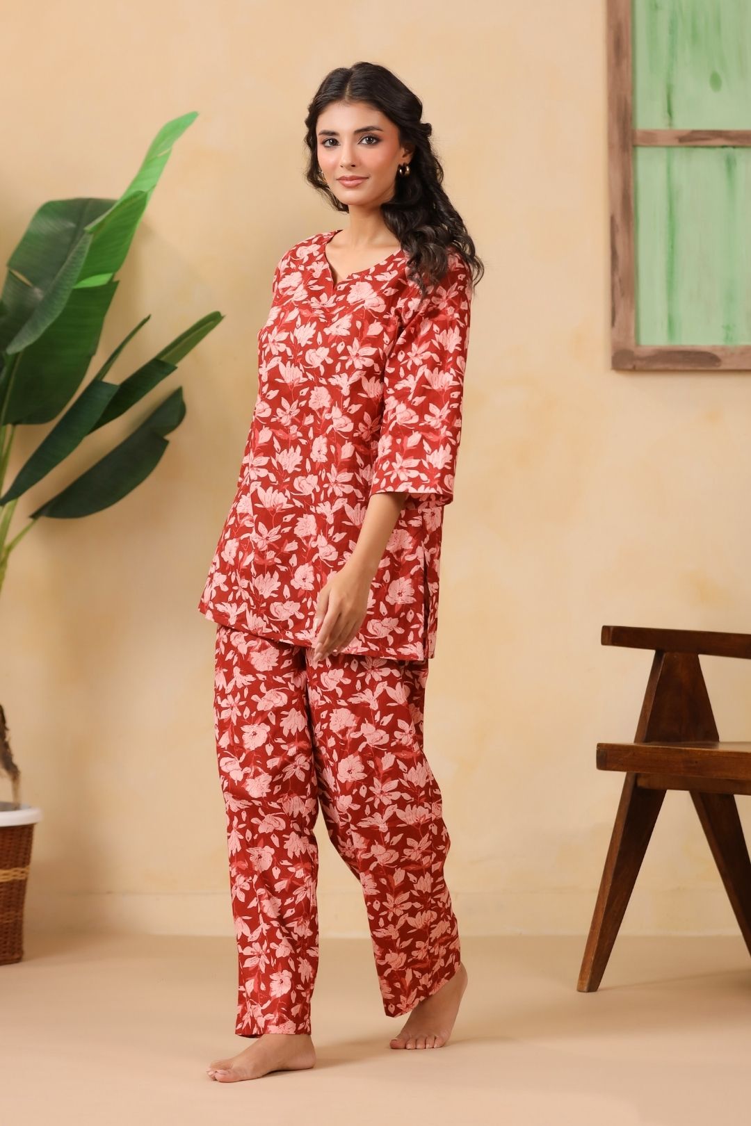 Red Floral Motifs Night Wear Set