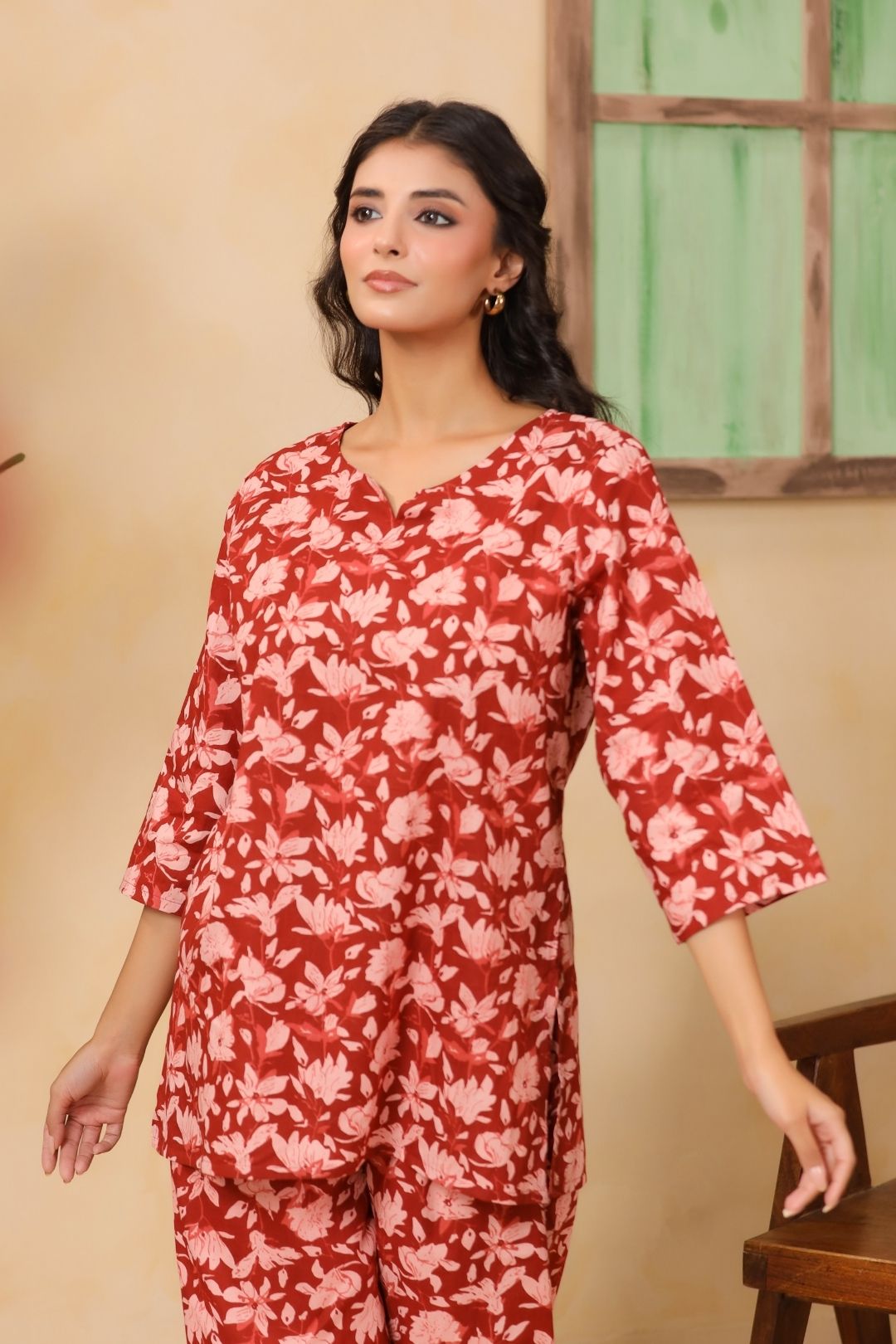 Red Floral Motifs Night Wear Set