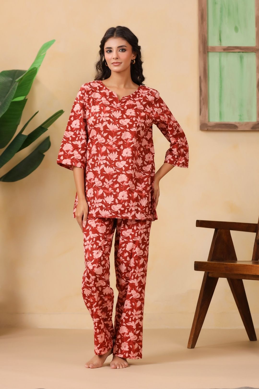 Red Floral Motifs Night Wear Set