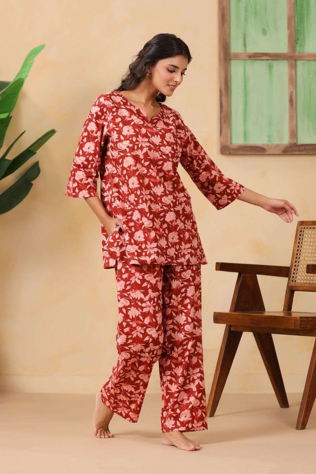 Red Floral Motifs Night Wear Set