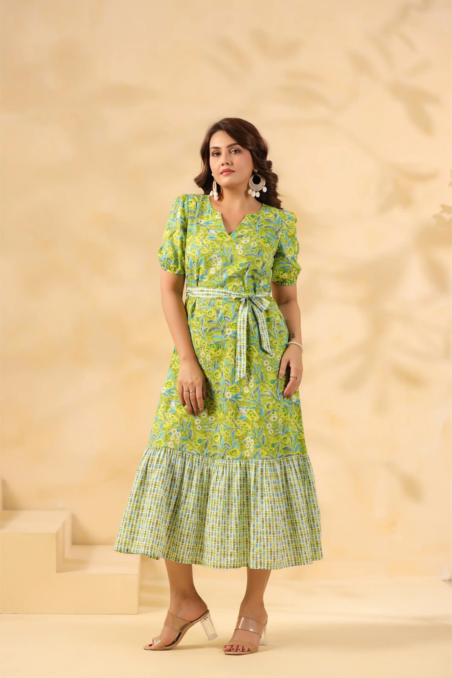Green floral cotton kurta dress with tiered hem and belt for women