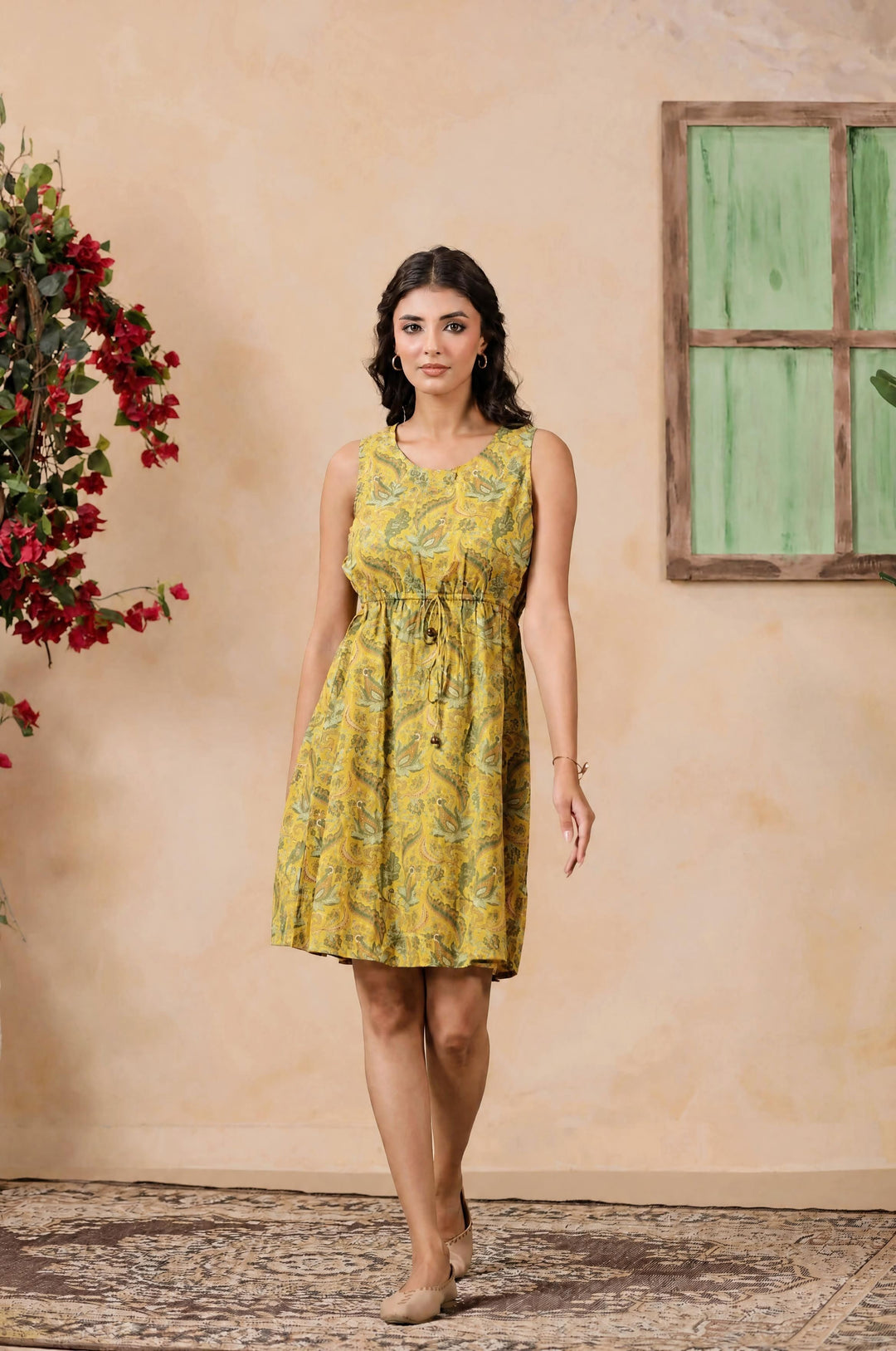 Mustard Yellow Floral Print Cotton Sleeveless Fit & Flare Knee Length Dress