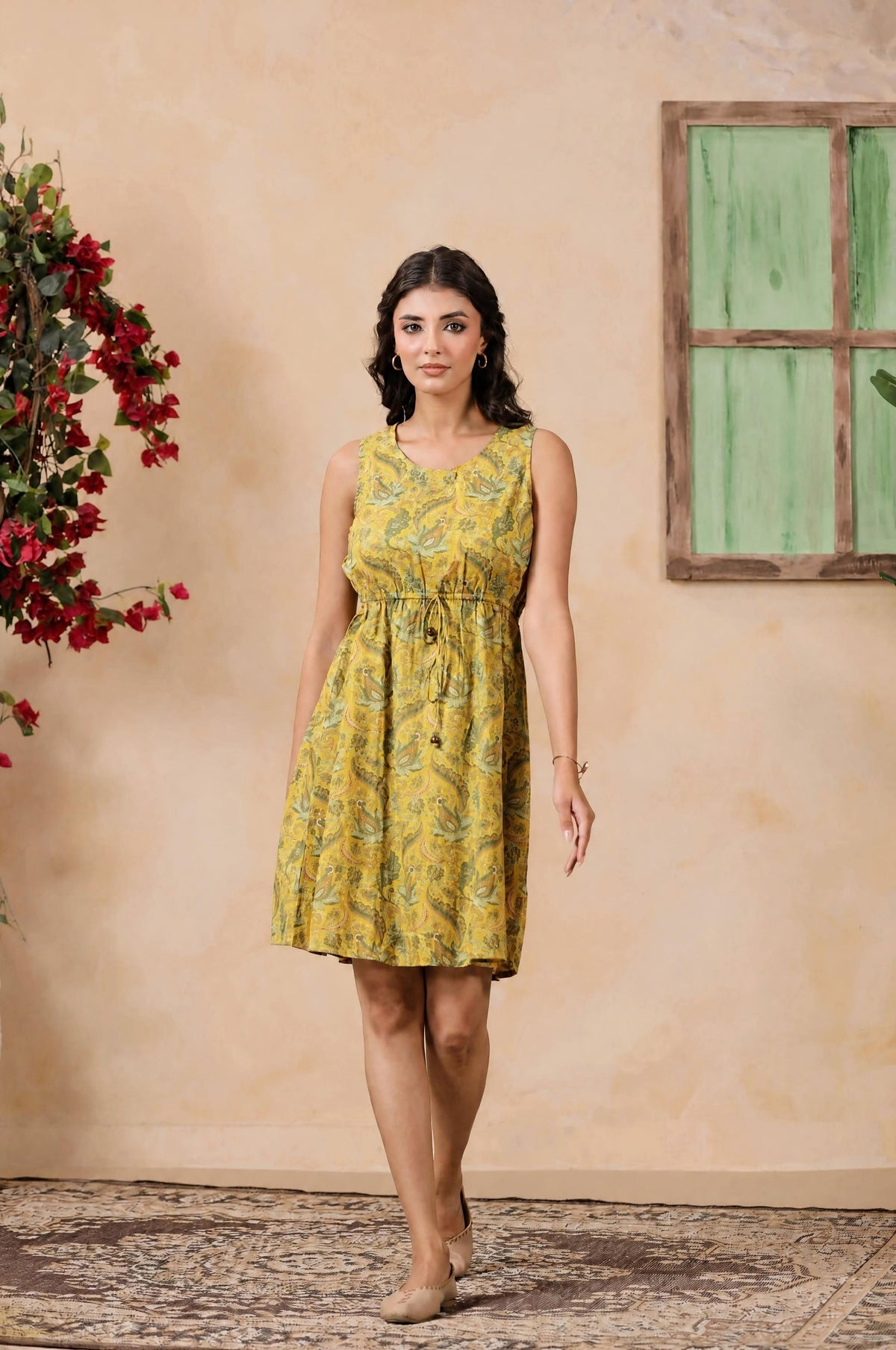 Mustard Paisley Print Drawstring Dress
