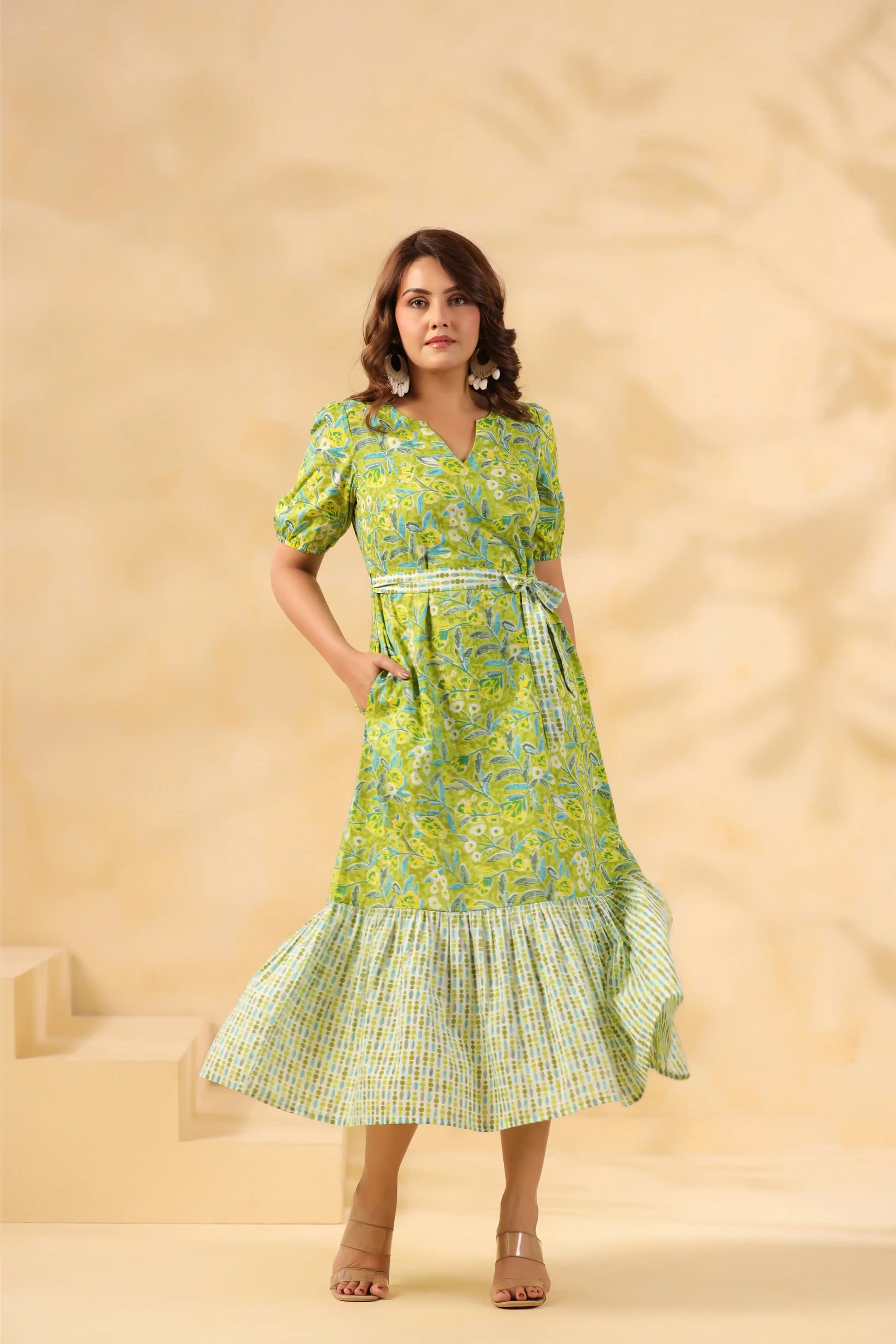 Green floral cotton kurta dress with ruffled hem for women