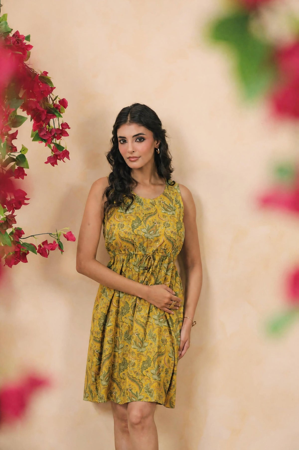 Mustard Paisley Print Drawstring Dress