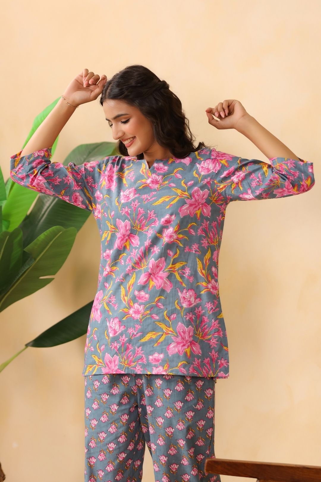 Grey Floral Motifs Night Wear Set