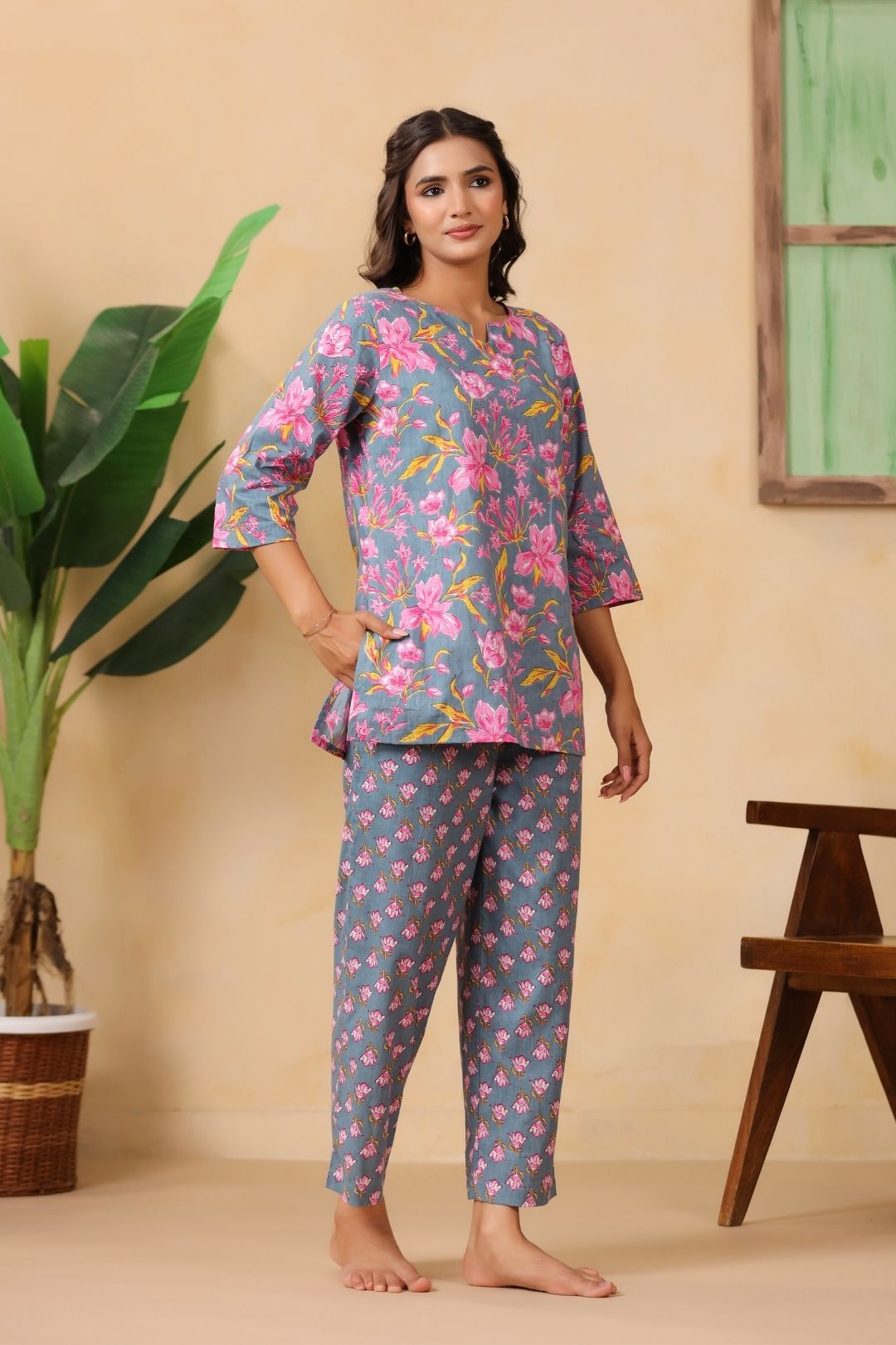 Grey Floral Motifs Night Wear Set