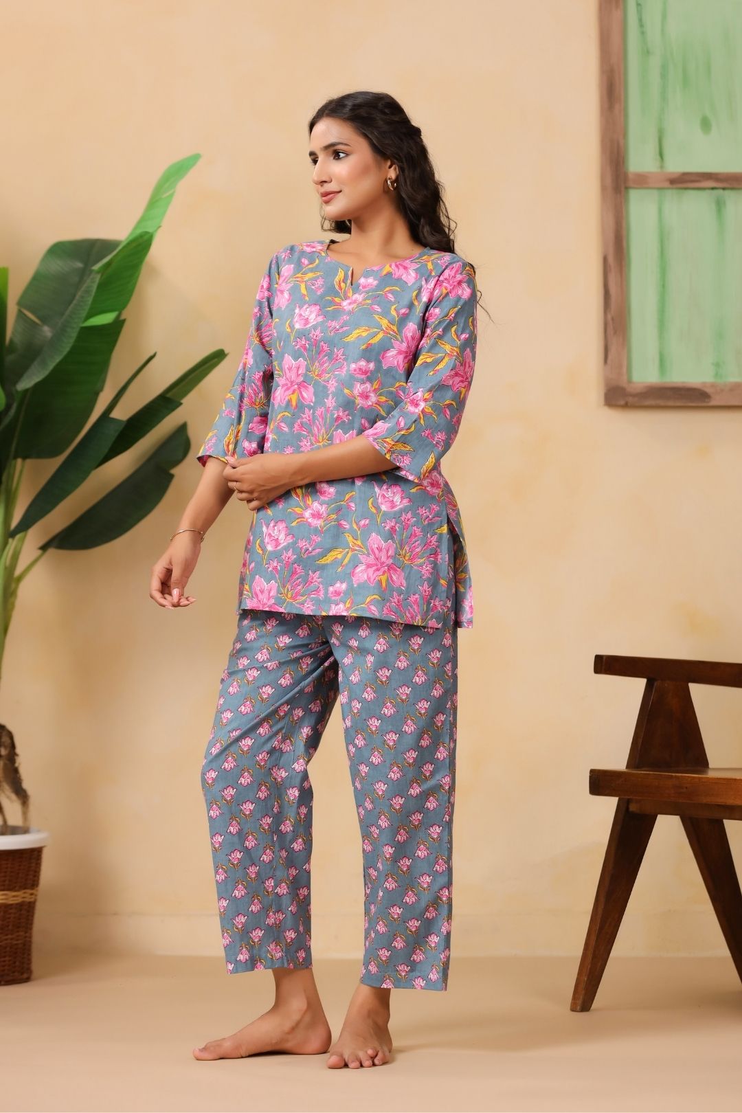 Grey Floral Motifs Night Wear Set