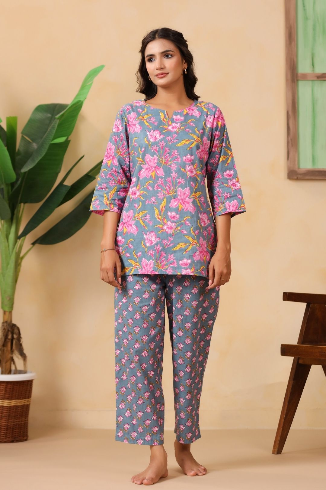 Grey Floral Motifs Night Wear Set