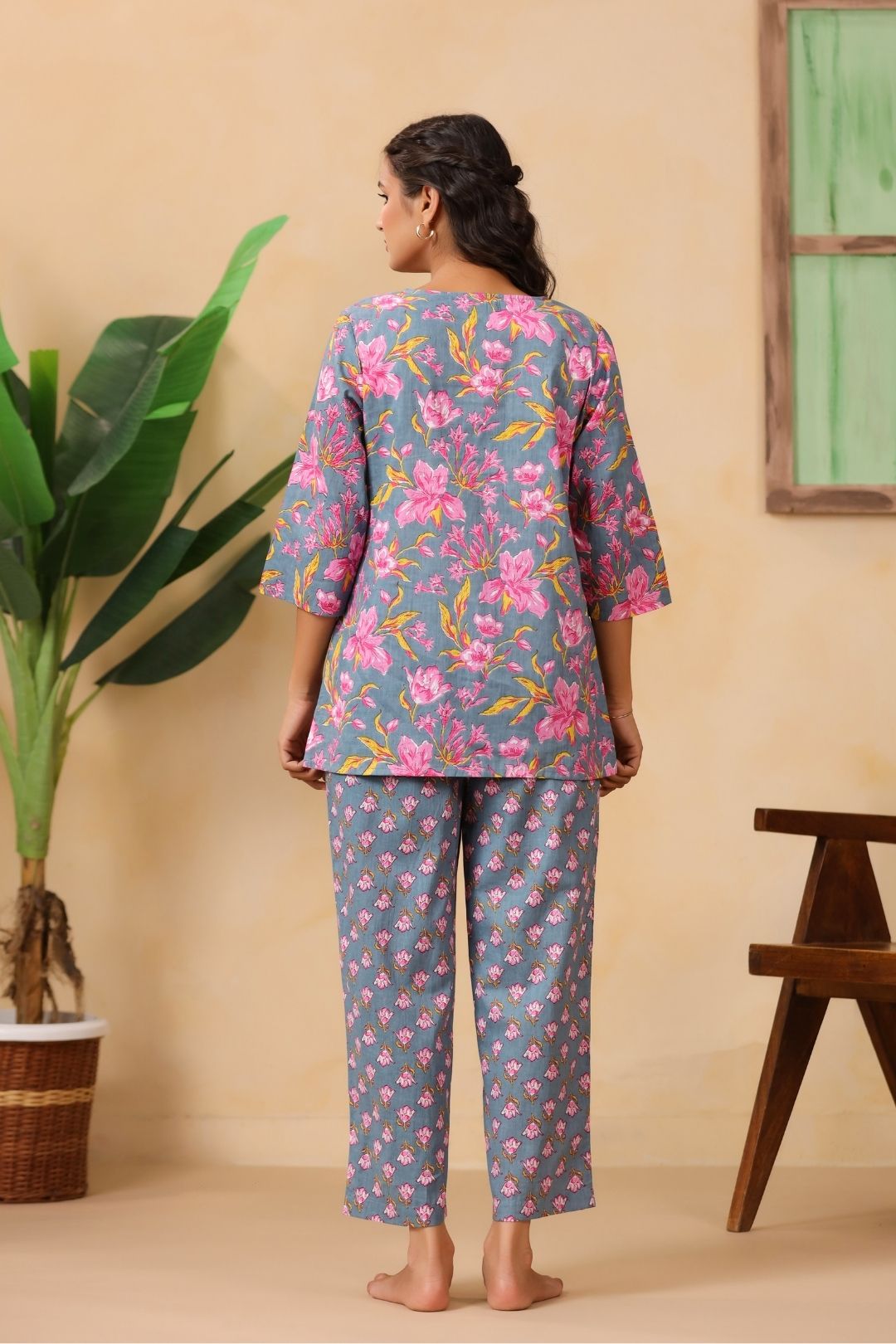 Grey Floral Motifs Night Wear Set