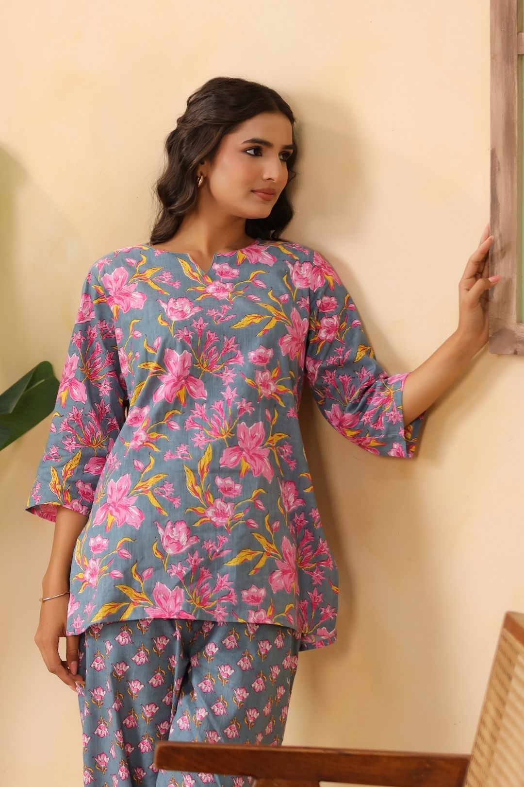 Grey Floral Motifs Night Wear Set