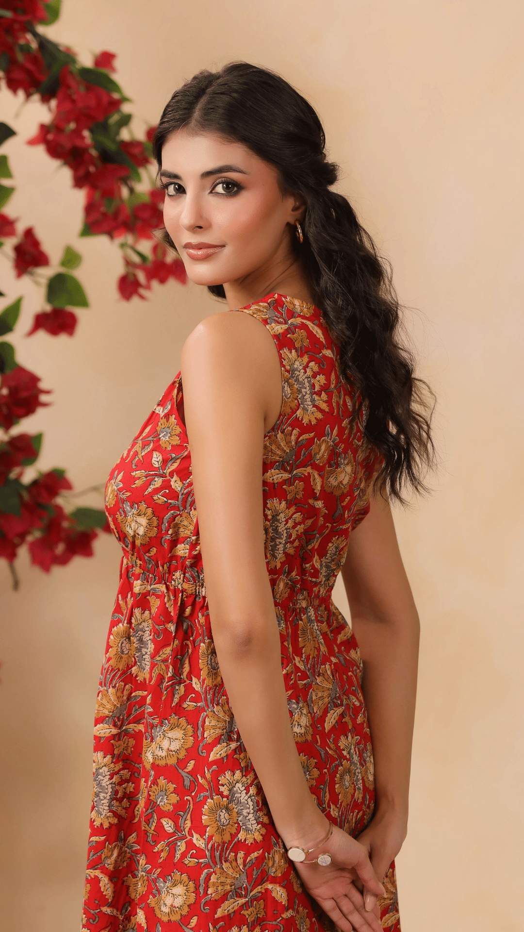 Red Floral Print Drawstring Dress