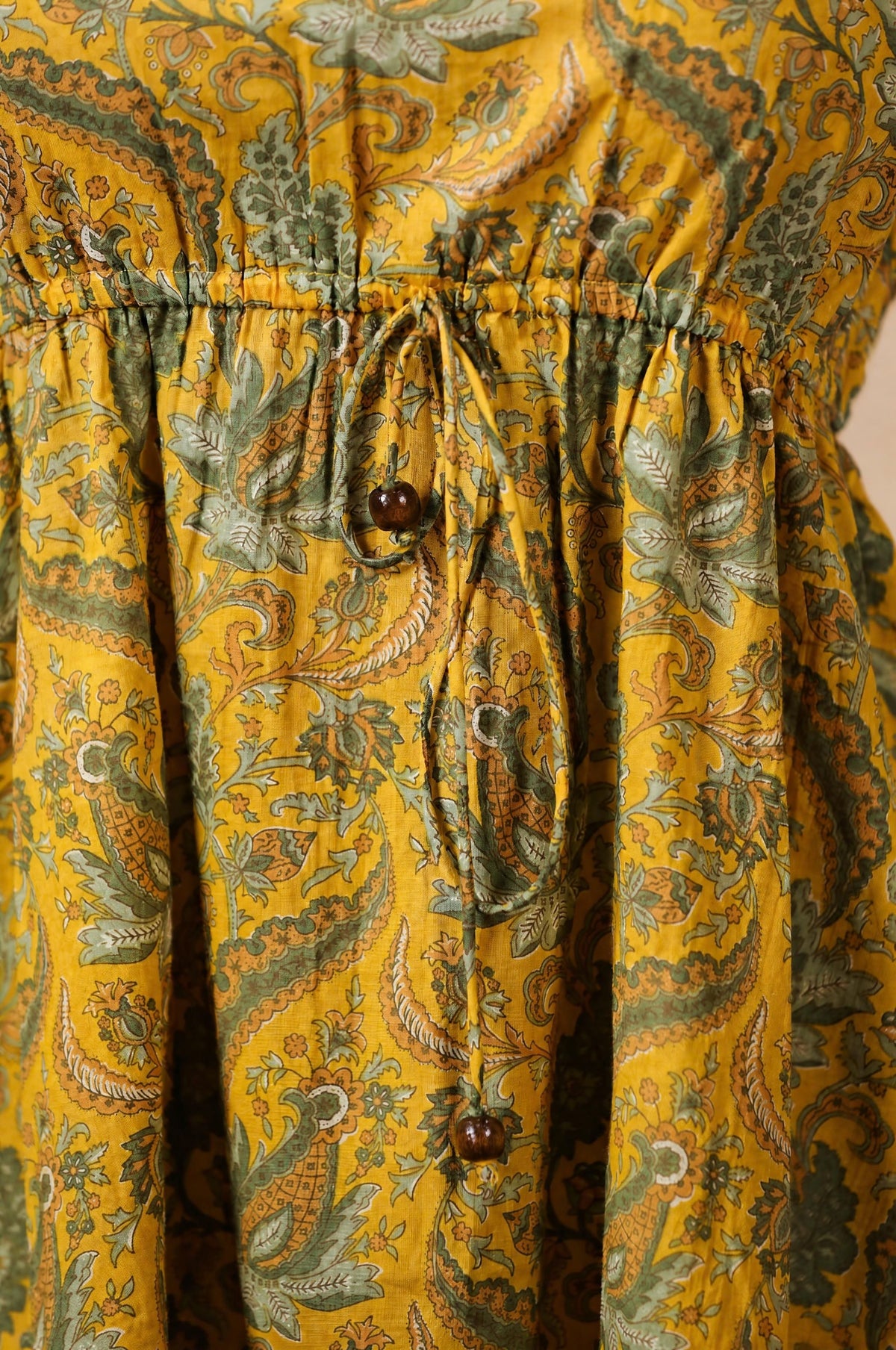 Mustard Paisley Print Drawstring Dress
