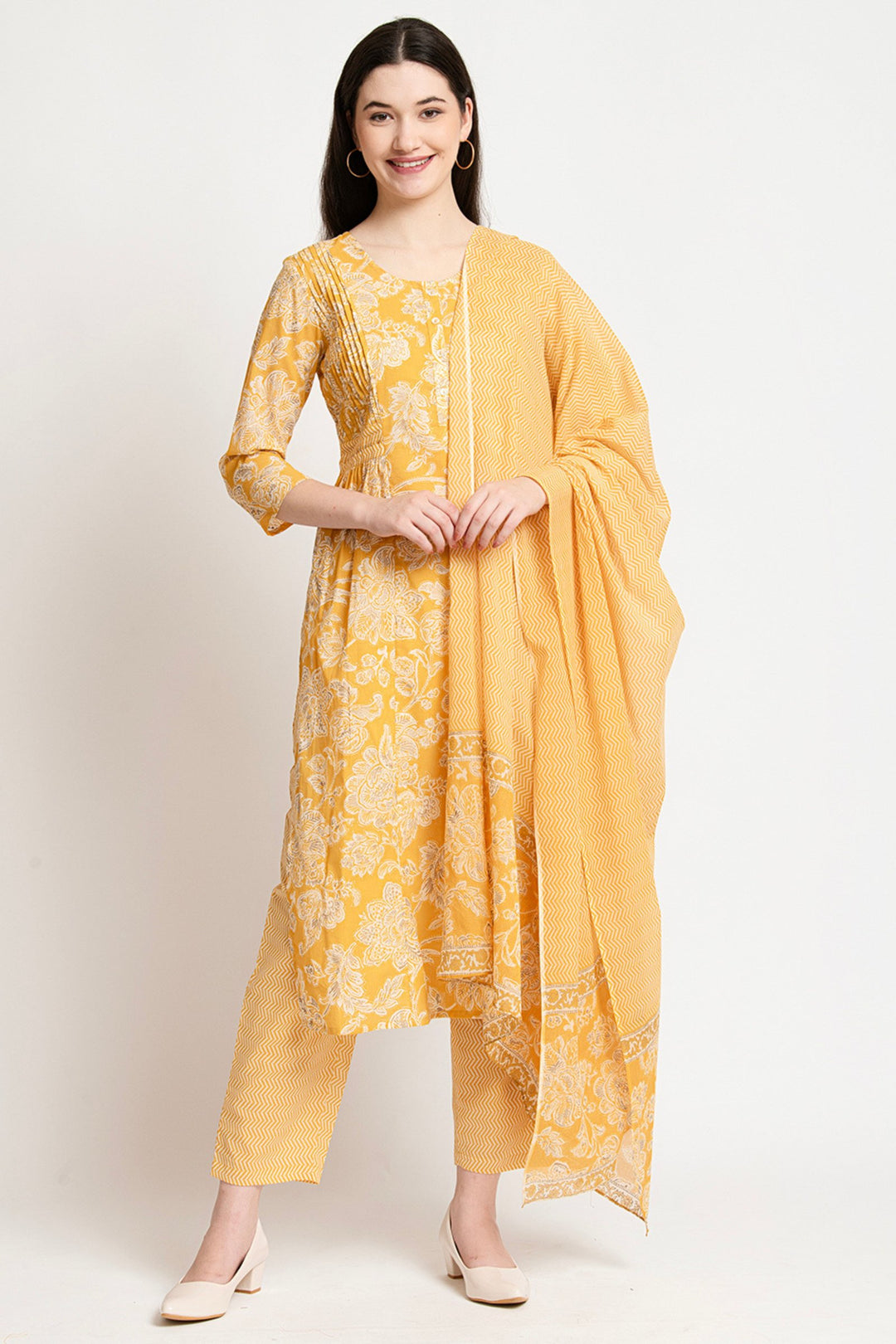 Yellow floral print cotton kurta set with matching palazzo and dupatta for women