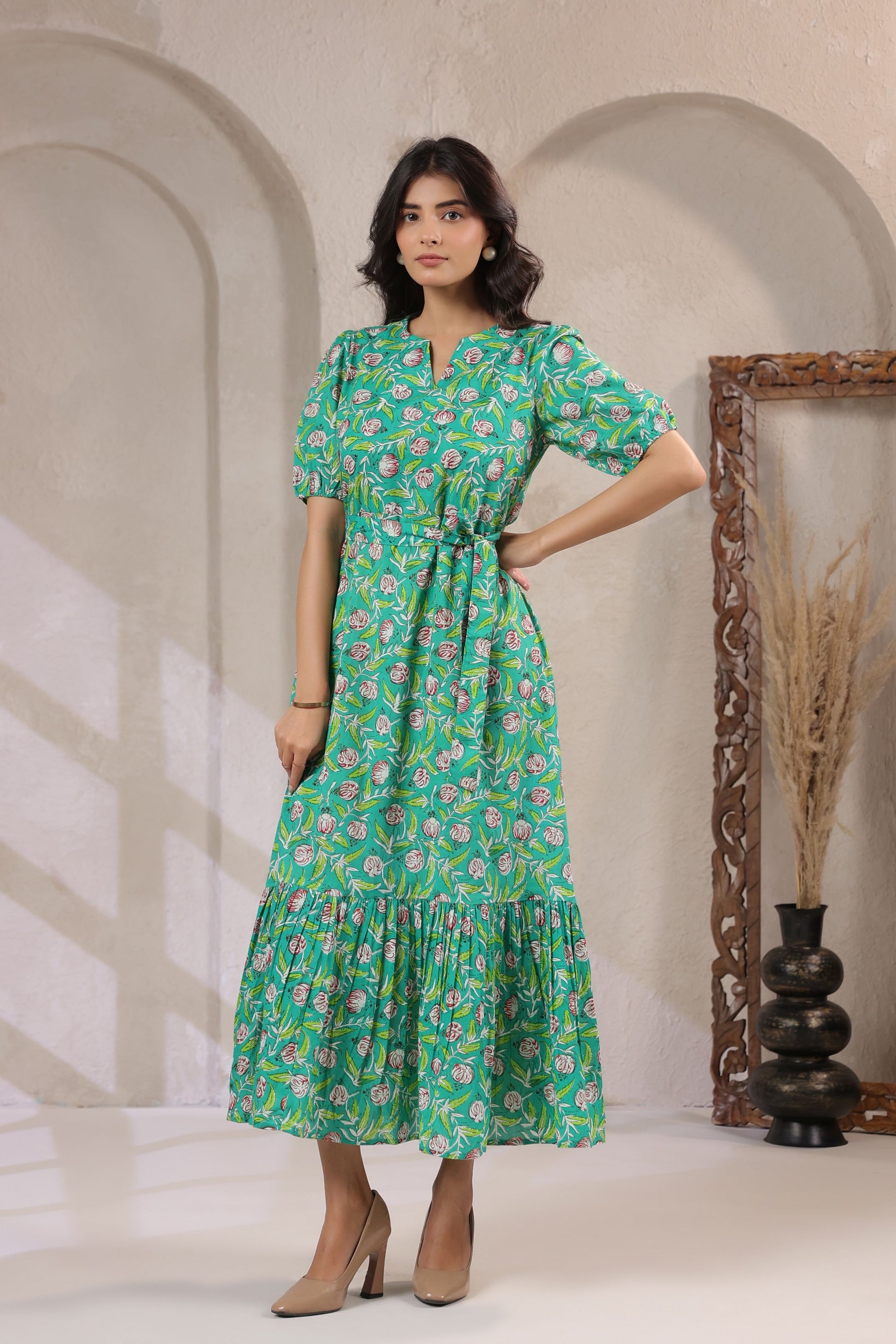cotton floral maxi dress with puff sleeves