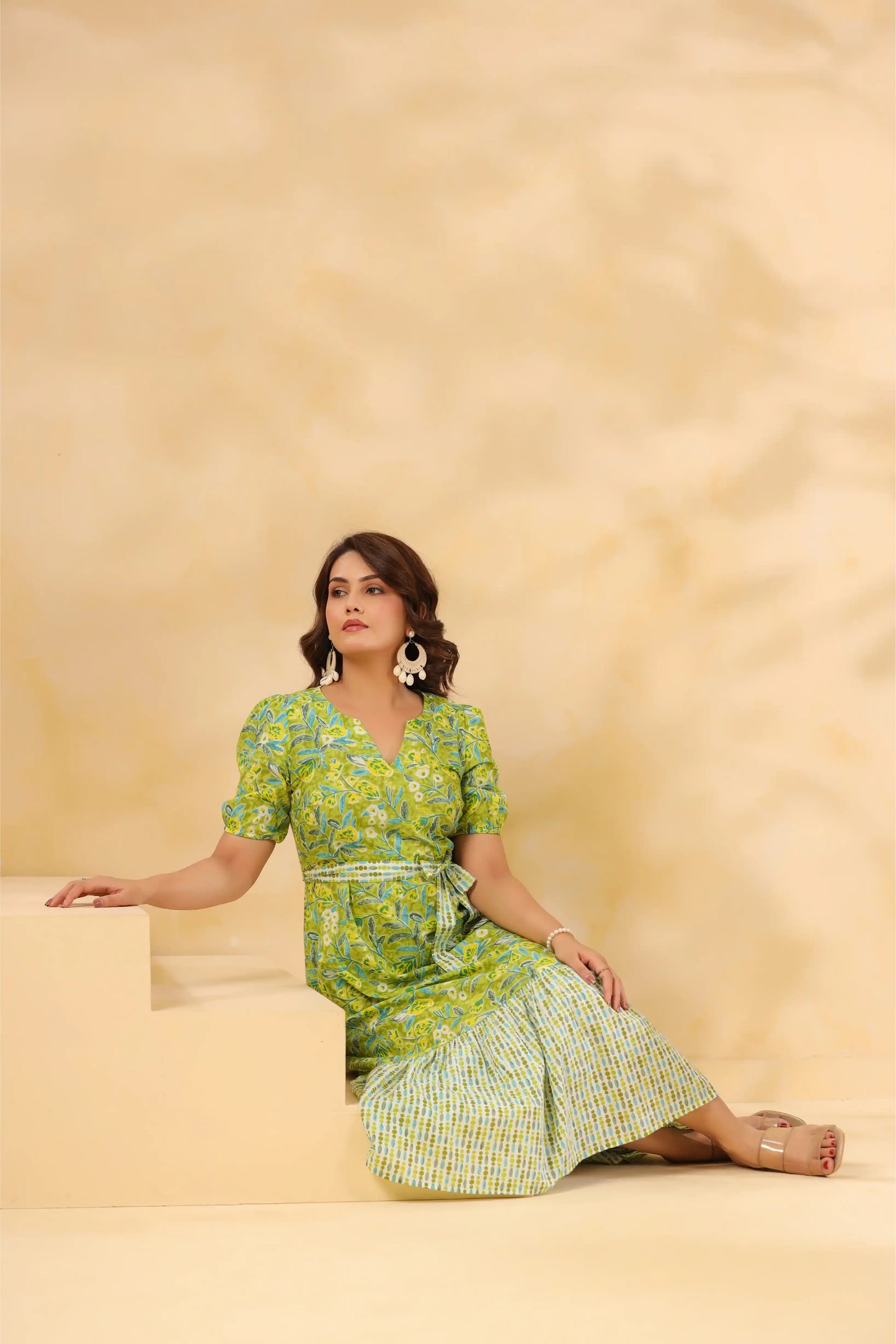 Green floral cotton kurta set for women, elegant and comfortable for daily wear or celebrations