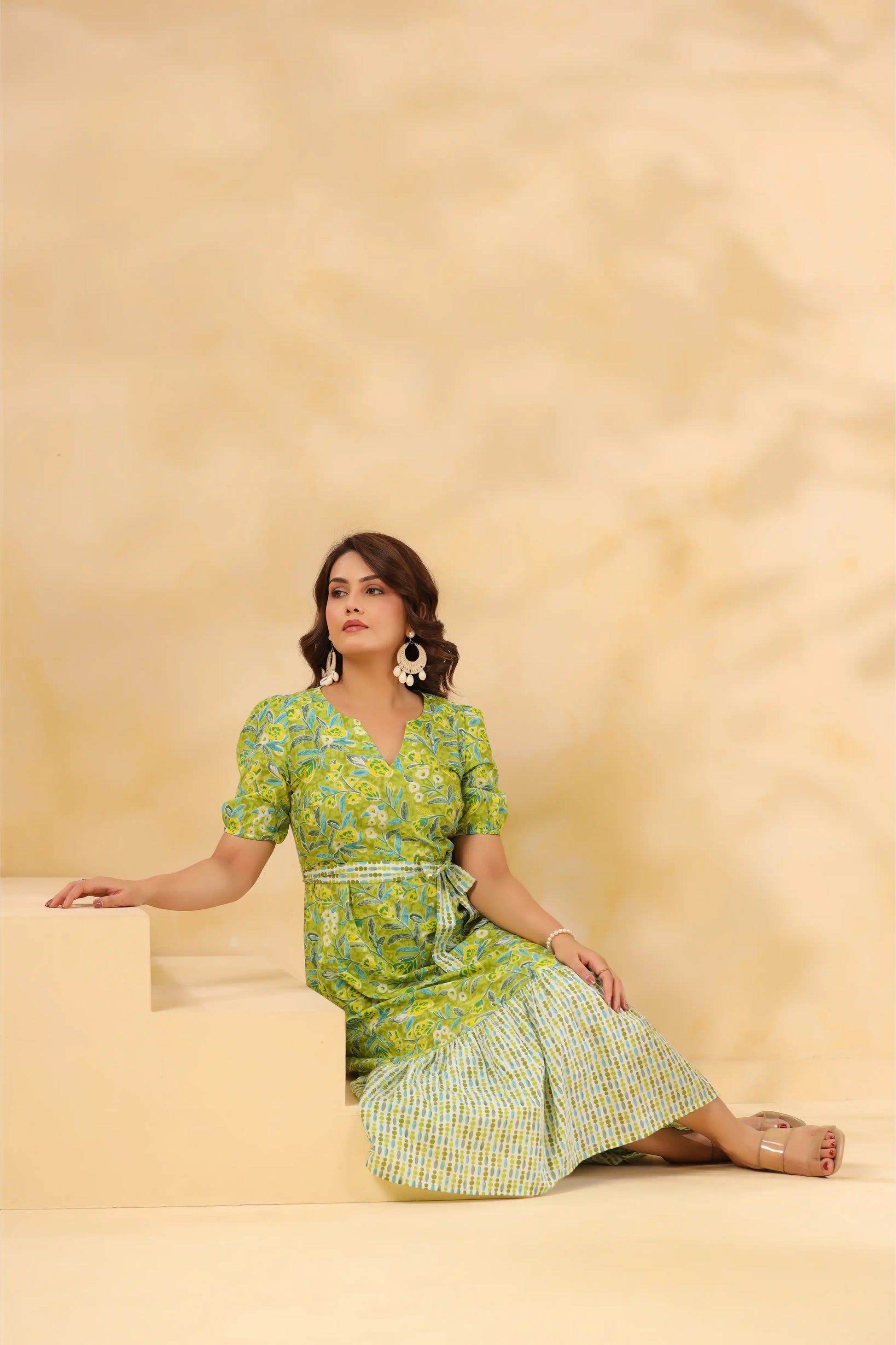Green floral cotton kurta set for women, elegant and comfortable for daily wear or celebrations