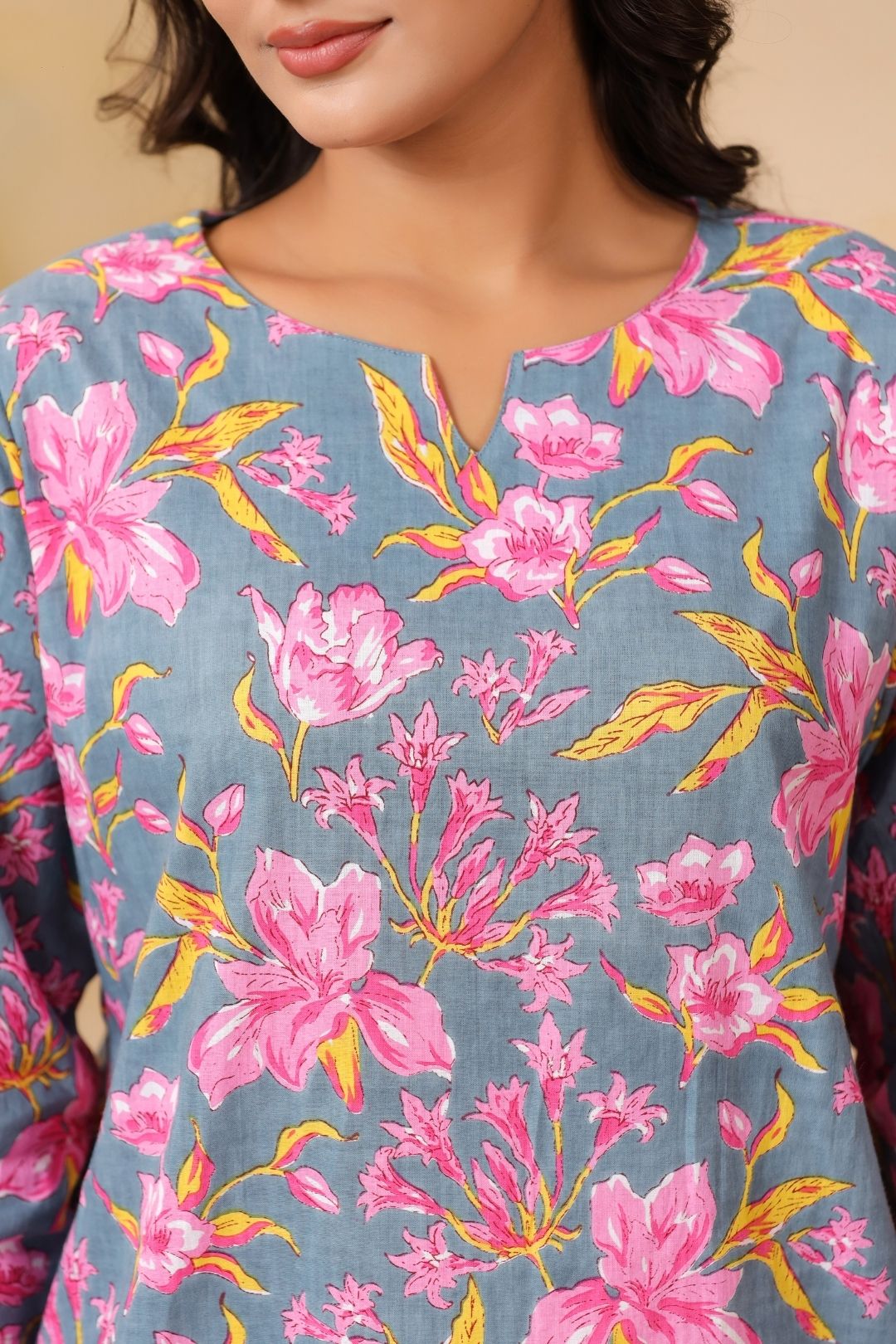 Grey Floral Motifs Night Wear Set