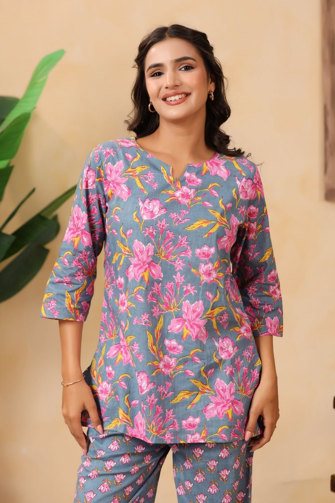 Grey Floral Motifs Night Wear Set