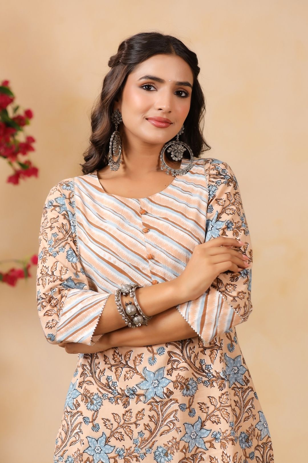 Beige Floral Print Cotton Kurta Set
