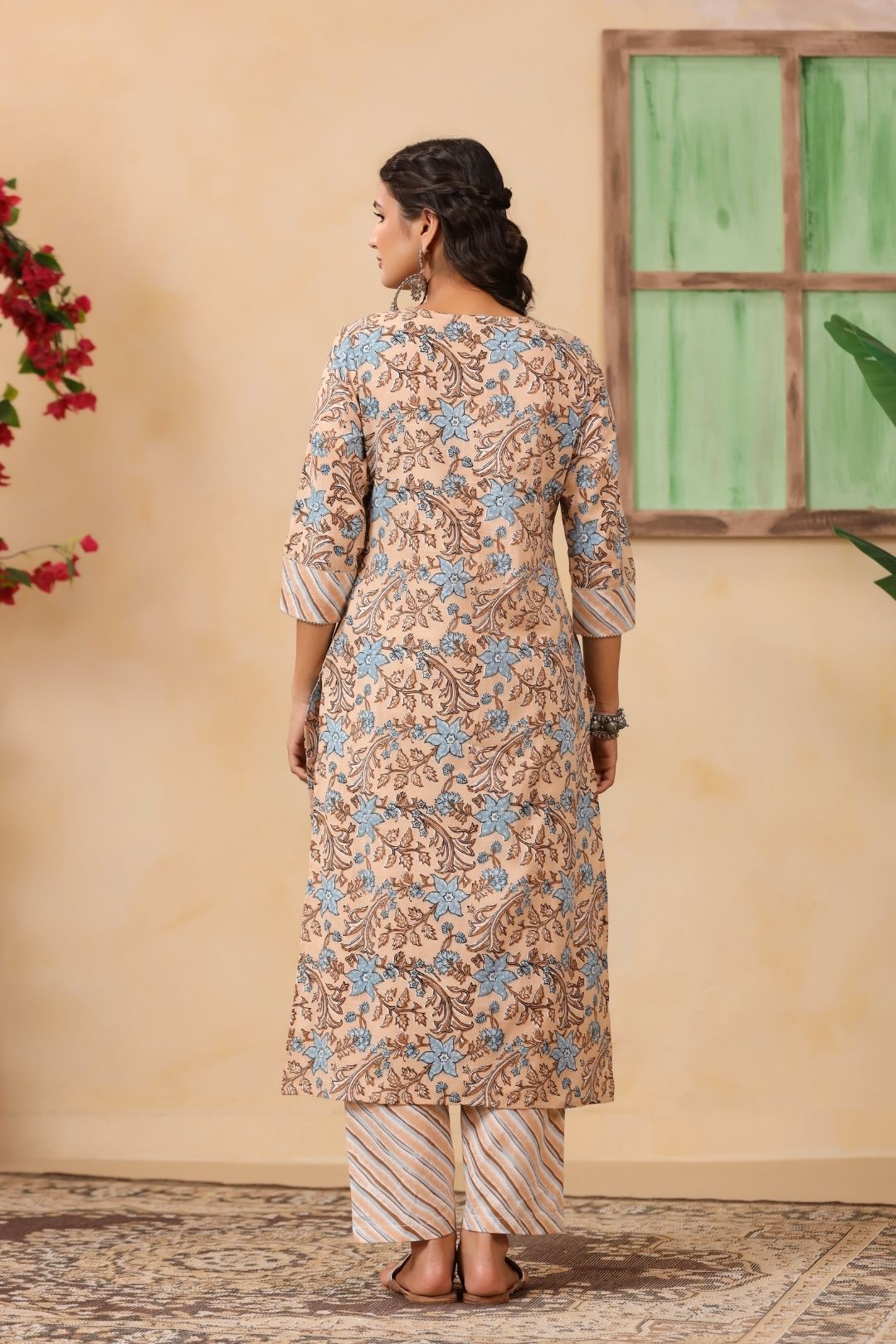 Beige Floral Print Cotton Kurta Set