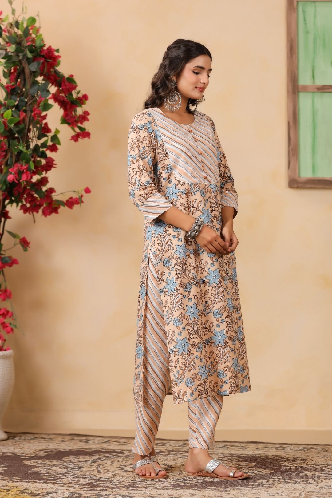 Beige Floral Print Cotton Kurta Set